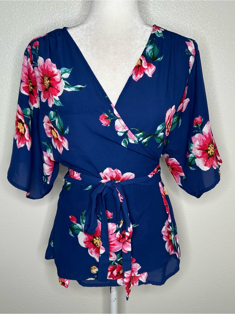 Gibson Navy Floral Wrap Blouse with Pink Blooms